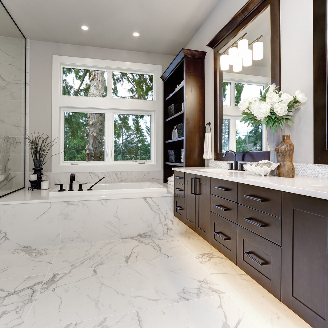 Master Modern Bathroom Interior In Luxury Home With Dark Hardwoo FLOORING