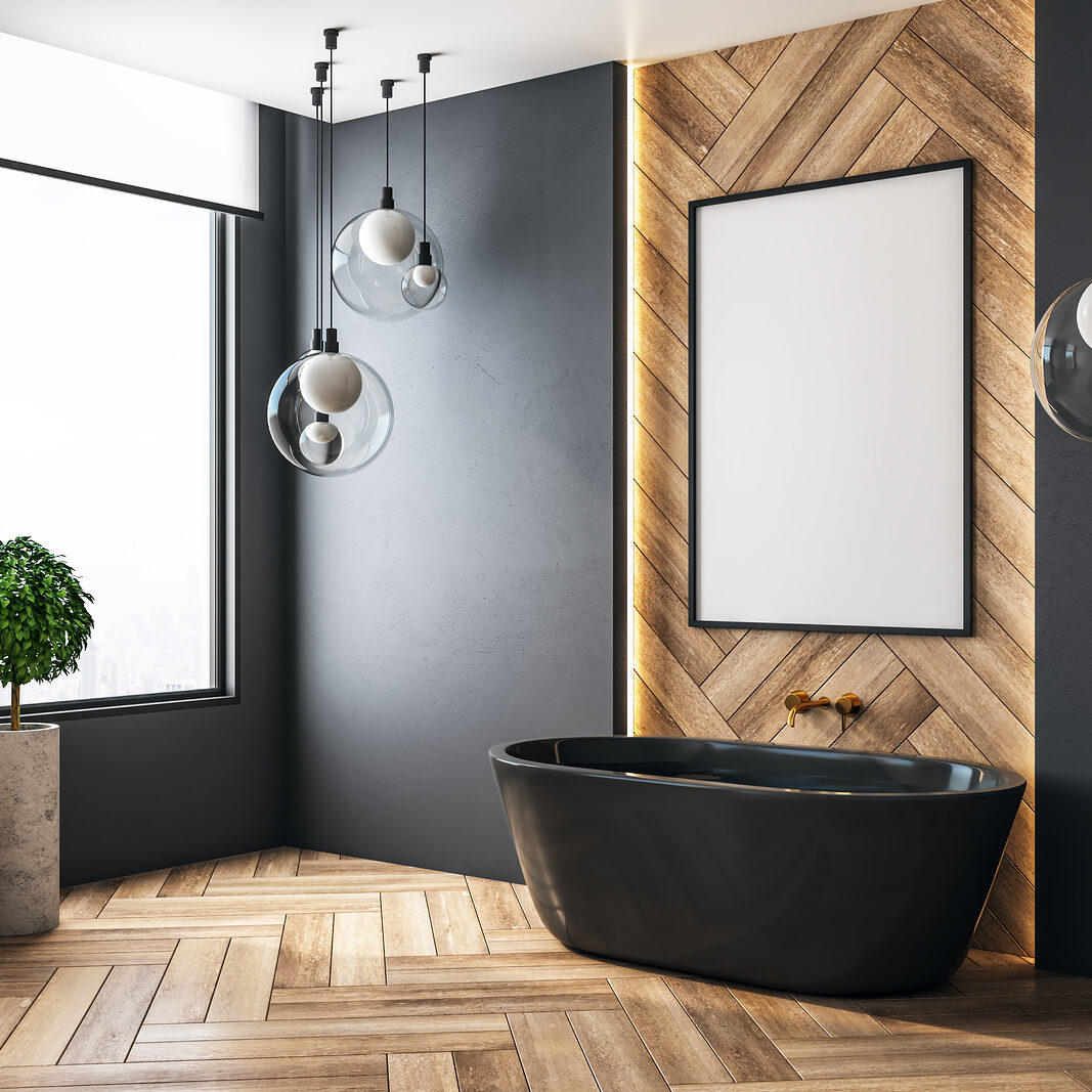Modern Bathroom With Poster Modern grey bathroom interior with decorative tile wall, bath tub and lamps. 3D Rendering